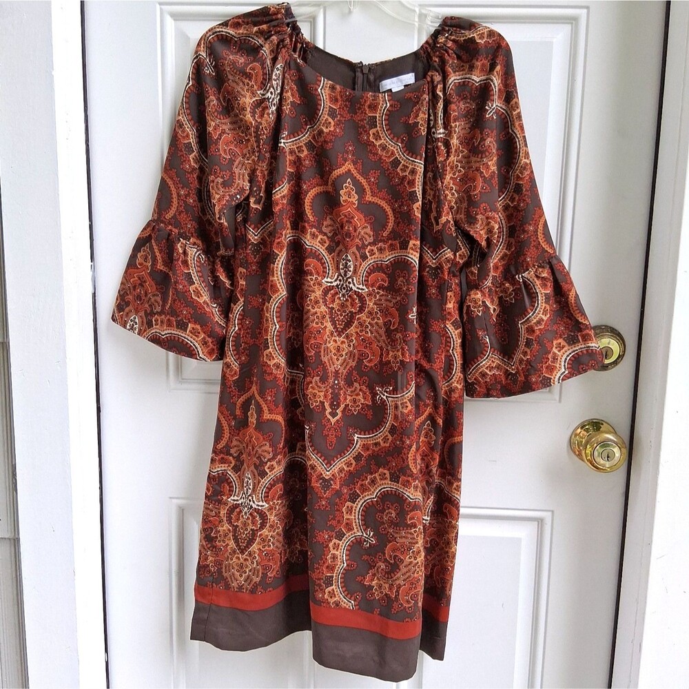 women's dress small New York & Co brown boho paisley Floral ruffled sleeves